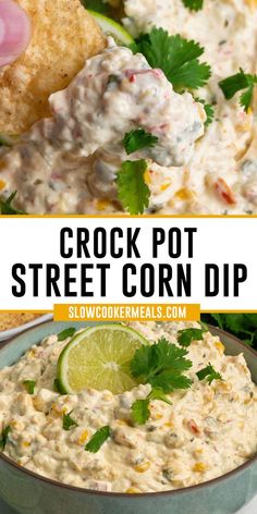 A chip holding a bite of crock pot street corn dip. Crock Pot Street Corn, Toasted Baguette Slices, Fall Crockpot, Chip Dip Recipes, Baguette Slices, Toasted Baguette