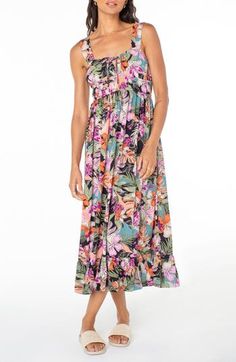 A tropical floral print covers this fluttery midi-length sundress that's the perfect pick for your next beach vacation. 48 1/2" length (size Medium) Slips on over head Square neck 100% viscose Machine wash, tumble dry Imported Tropical Floral Print, Floral Sundress, Tropical Floral, Roxy, Beach Vacation, Square Neck, Midi Length, Sundress, Paradise