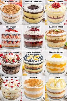 many different types of desserts on display in glass dishes with words below the pictures