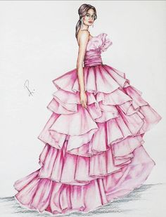 a drawing of a woman in a pink dress