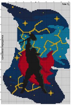 a cross stitch pattern with a man walking in front of a blue sky and stars