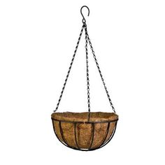 a hanging planter with chains on the bottom and an empty pot in the middle