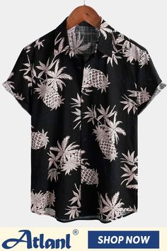 Men's Cotton Pineapple Print Black Hawaiian Beach Button Up Short Sleeve Shirt Hawaiian Vintage, Aloha Beaches Shirt, Cuban Shirts, Printed Shirts Men, Floral Shirts, Floral Hawaiian Shirt, Shirts Short Sleeve, Leisure Fashion, Tropical Shirts