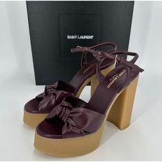 Saint Laurent Women's Bianca Node High Heel Platform Sandals Color: Wine Red Size: 38+ (Us 8.5) Retail: $1,050 Condition: Brand New In Box *Fits True To Size, Order Your Normal Size *Open Toe *Buckled Ankle Strap *Knot Detail At Toe Strap *5.5" Heel, 2" Platform, Feels Like 3.5" Heel *Leather Upper And Lining, Rubber Sole *Made In Italy Party Sandals With Red Sole And Block Heel, Burgundy Round Toe Sandals For Party, Burgundy Sandals With Round Toe For Evening, Burgundy Closed Toe Platform Heels, Burgundy Open Toe Sandals For Evening, Party Leather Sandals With Red Sole, Party Sandals With Red Sole In Leather, Burgundy Sandals For Summer Evenings, Burgundy Sandals For Evening In Summer