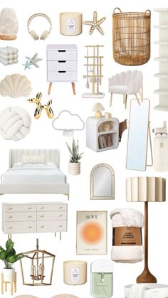 a collage of white furniture and accessories including a bed, dresser, mirror, chair, lamp, bookshelf