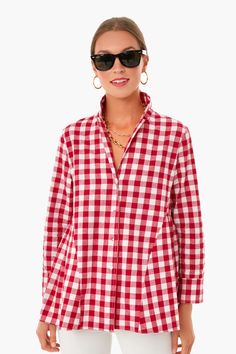 Apple Red Gingham Scarlett Button Down | Pomander Place Cheap Gingham Shirt With Buttons, Everyday Gingham Tops For Spring, Black Velvet Pants, Dressy Blouse, Gingham Shirt, Apple Red, Red Gingham, Simple Shirts, Gingham Print