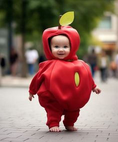 a small child in a red apple costume walking down the street with a green leaf on it's head