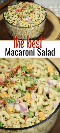 macaroni salad in a glass bowl with the title above it