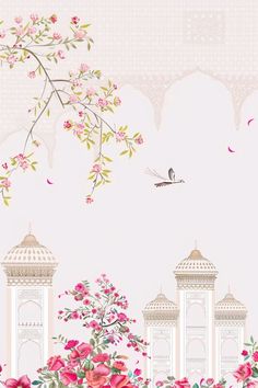 Experience the charm of 'Palace Serenity - Hand-Painted Elegance.' This design features a white background adorned with intricate palace architecture and blooming flowers, capturing the essence of a delicate hand-painted style. An elegant bird soars in the sky, adding a touch of grace. The overall color scheme is soft pink, with clear patterns and textures, this artwork is perfect for decorating wallpapers or mobile phone screens, blending cultural beauty with modern aesthetics. Wedding Backgrounds, Graphic Wedding Invitations, Diwali 2024, Digital Invitations Design, Hindu Wedding Invitation Cards, Cultural Beauty