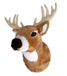 a stuffed deer head with white and brown spots on it's antlers, against a white background