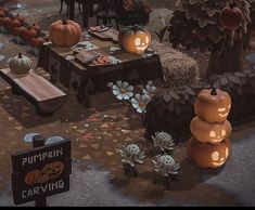 an animated halloween scene with pumpkins and other decorations on the ground in front of trees