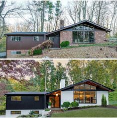 before and after photos of a modern house in the woods, with brick sidings