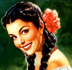 a painting of a woman with long braids and flower in her hair smiling at the camera