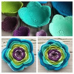 crocheted bowls with flowers in different colors