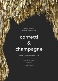 a black and gold confetti and champagne party card with the words confetti & champagne on it