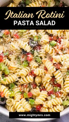 pasta salad in a white bowl with text overlay