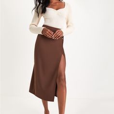 Nwt Lulus Perfect Sophistication Brown Twill Button Wrap Midi Skirt Size: Xs Condition: Nwt Make Offers?:) Medium Brown Skirt, Formal Outfits For College, Tan Midi Skirt Outfit, Brown Midi Skirt Outfit, Dramatic Romantic Style, Brown Skirt Outfit Ideas, Brown Clothes Aesthetic, True Autumn Color Palette, Skirt And Sweater Outfit