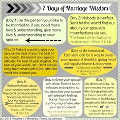 the 7 days of marriage widdom poster is shown in yellow and gray with an arrow