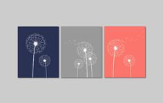 three dandelions in different colors on a gray and pink background with the same color scheme