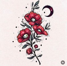 some red flowers on a white background with the moon and stars in the sky behind them