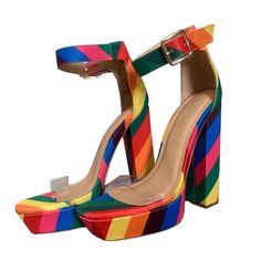 Never Worn! ~5” Heel Clear Toe Strap Size 6 Rainbow Open Toe Platform Heels, Rainbow Round Toe Sandals For Party, Rainbow Sandals With Round Toe For Party, Multicolor Platform Heels With Round Toe, Trendy Rainbow Heels For Spring, Bold Multicolor Ankle Strap Heels, Rainbow Platform Heels With Round Toe, Rainbow Round Toe Platform Heels, Multicolor Platform Heels For Party