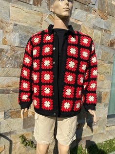 Crochet Denim Jacket, Black Jean Jacket for Mens Women, Handmade Clothes, Granny Squares Unisex Vest Cardigan Men, Black &Red Jean Coats, Crochet Unisex Vest, Handmade Long Sleeve Crochet Cardigan for Mens, Vintage Crochet Shirt ✅Our Men's & Women's knitted jacket is comfortable and warm to wear. This coat is made  cotton and premium acrylic yarns & denim fabric.  The Granny Square Denim & Cardigan will also make a PERFECT GIFT for your loved ones.                             📌   Please notice Denim Jacket Black Jeans, Mens Crochet, Red Coats, Denim Cardigan, Vest Handmade, Denim Jacket Black, Trendy Cardigans, Crochet Men, Vest Cardigan