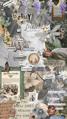 a collage of different types of papers and pictures with words on them, such as flowers