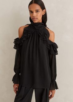 Evening Look, Ankle Sleeve, Dress Lace, Blouse Black, Lace Blouse, Silk Top, Black Silk, Ruffle Trim, Black Blouse