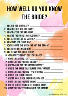 a printable wedding game with the words how well do you know the bride?