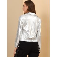 This shiny short-track jacket with a metallic finish on the exterior adds a fancy touch of shine to your layered look. The front zipper allows you to have easy dressing and layering, while the side zippered pockets keep your essentials secure and close by. Pair it with your simple tees for a comfy and casual look. Occasions: Casual, Daily, Travelling, Party, Shopping, Weekend Gathering. Jackets Fashion Casual, Metallic Jacket, Halloween Long Sleeve, Simple Tees, Easy Dressing, Hooded Coat, Womens Clothing Sizes, Chic Woman, Layered Look