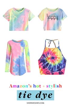 three different styles of tie dye shirts with the words happy on them