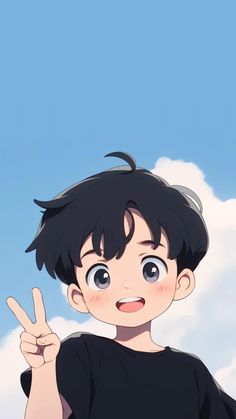 an anime character is making the peace sign with his hand while standing in front of a blue sky