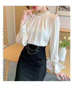 Elegant Chiffon Top For Office Wear, Elegant Long Sleeve Chiffon Blouse, Chiffon Office Lady Blouse, Chiffon Office Blouse, Stand Collar Blouse, Ladies Chiffon Shirts, Chiffon Shirt Blouse, Women Chiffon Blouse, Stand Collar Shirt