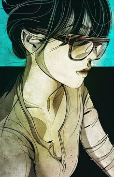 a drawing of a woman with glasses on her face