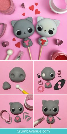 several pictures of various items made to look like cats with hearts and eyes on them