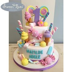 there is a cake decorated with candy and candies