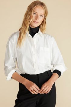 Now trending: This meticulously crafted oversized shirt in crisp organic cotton poplin. Wear it buttoned all the way up or leave it undone over a tee as seen on many a runway. DESIGN- Relaxed fit- An oversized classic collar shirt with a button front and cuff detail.- Shell buttons- Length: 29"FABRIC & CARE- 100% Organic Cotton Poplin- Ethically made in India.- Machine wash gentle on cold.SUSTAINABILITY- This product was created using considered materials.- Using organic cotton means cleaner and Runway Design, Cardigan Sweater Coat, Cotton Poplin Shirt, Cuff Detail, Shell Buttons, All The Way Up, Collar Shirt, Denim Pant, Sweater Coats