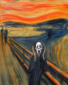 a painting of a person with a scream mask on, standing in front of an orange sky