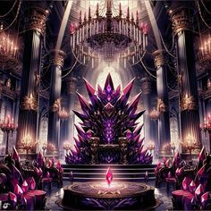 the throne is surrounded by many chairs and chandeliers