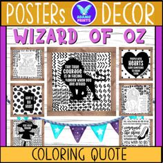 a poster with the words wizard of oz in black and white, surrounded by other pictures