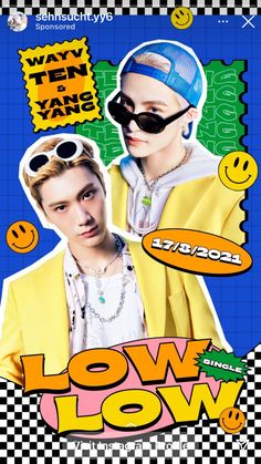 two young men wearing sunglasses and yellow jackets with the words low low on them, in front of a checkered background