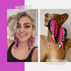 🌸 GRAB THIS OFFER - Buy 2 or more and enjoy amazing discounts plus Next-Day Shipping! 🌸 Meticulously crafted statement feather earrings! Made from high-quality Fuchsia , leopard print mustard yellow and black leather, each feather is carefully cut and layered to create a stunning and lightweight earrings. These earrings boast a magnificent color combination and a long, glamorous design that is sure to turn heads. Crafted with care, your order will be swiftly packaged and shipped right after pu Magenta Earrings, Creative Earrings, Pink Bohemian, Leather Feather Earrings, Cork Earrings, Earrings Inspiration, Lightweight Earrings, Unique Gifts For Her, Gift For Girlfriend