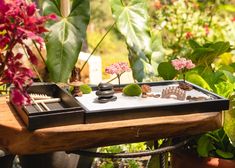 Beautiful zen garden in the middle of a real garden, among the nature to help you find calm, relax and meditate.