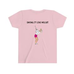 This is a new release of a Nelly Korda golf swing tee shirt for youth sizing. Get them while they are available. Kids will love this custom youth short sleeve tee. This lightweight (4.0 oz) side-seamed shirt maximizes comfort all day long. The ring-spun cotton makes this kids short sleeve tee perfect for displaying custom artwork. Side seams keep the garment's shape. The shoulders have tape for longer fitting. The collar is extra elastic due to ribbed knitting. 100% Airlume combed and ring-spun cotton (fiber content may vary for different colors) Extra light fabric (3.7 oz/yd² (125 g/mRetail: Tear-away label Nelly Korda, Golf Swing, New Release, Kids Shorts, Custom Artwork, Kids Tops, Cotton Fiber, Light Fabric, Tee Shirt