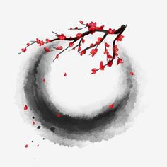 a branch with red flowers on it in the middle of a white circle, painted by watercolors