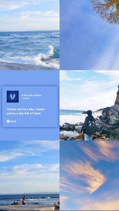 four different views of people sitting on the rocks at the beach and in the water