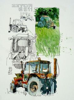 a drawing of a tractor and farm equipment