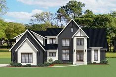 this is an artist's rendering of a house in the country style with black shingles and white trim