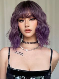 Multicolor  Collar  High Temperature Fiber  Bangs Wig Embellished   Wigs & Accs Alternative Professional Hair, Short Egirl Hair, Dark Purple Hair With Blonde, Anime Bangs, E Girl Hair, Women Curly Hair, Bangs Wig, Medium Curls, Womens Hair