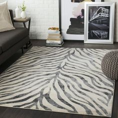 a zebra print rug in a living room